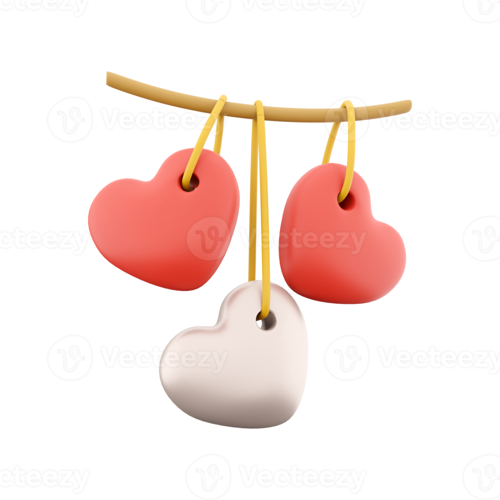 3d rendering reds and white hearts hanging icon. 3d render icon hearts. Reds and white hearts hanging icon. png