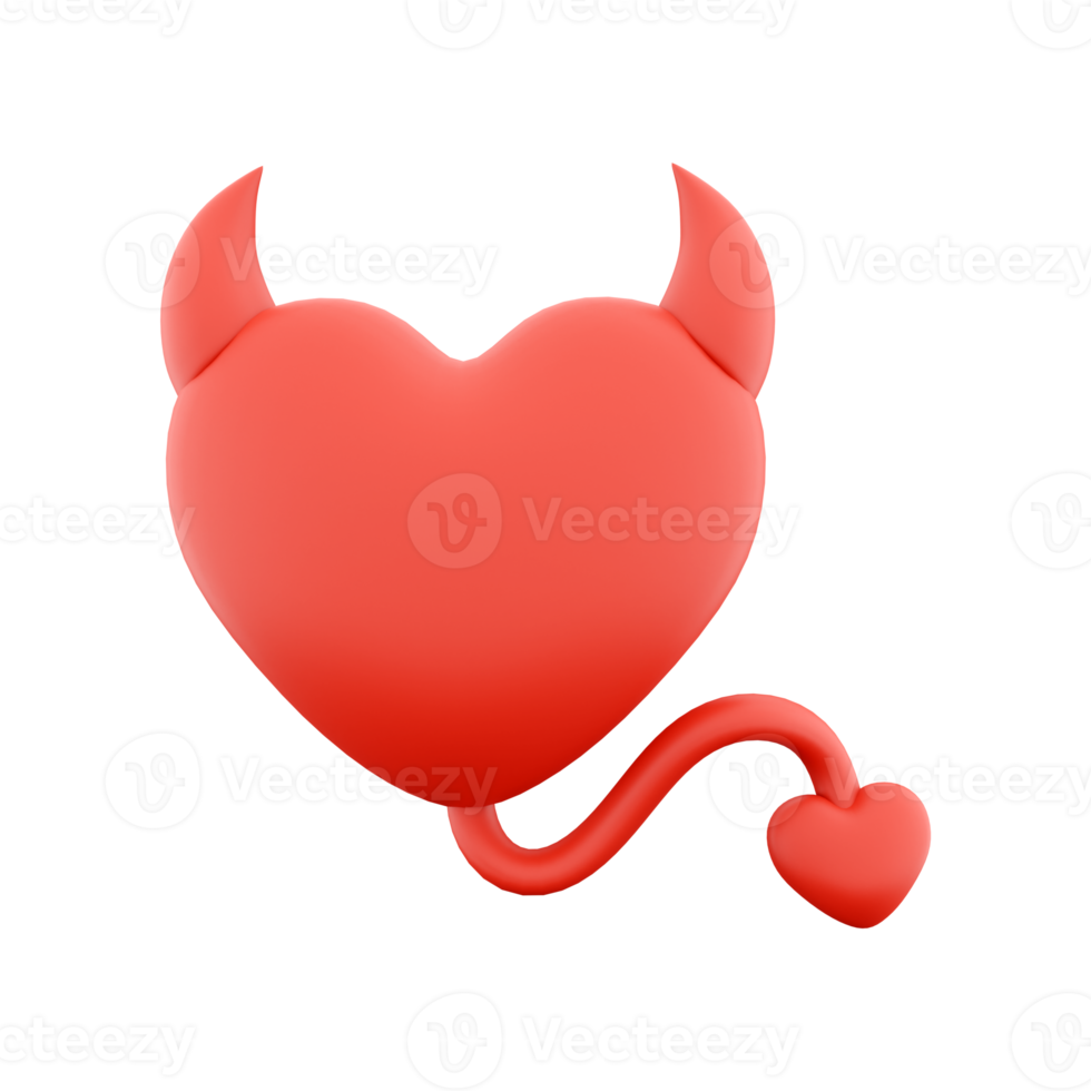 3d rendering devil heart icon concept red shiny with horns tail. 3d render Valentine's Day element icon. Devil heart icon concept red shiny with horns tail. png