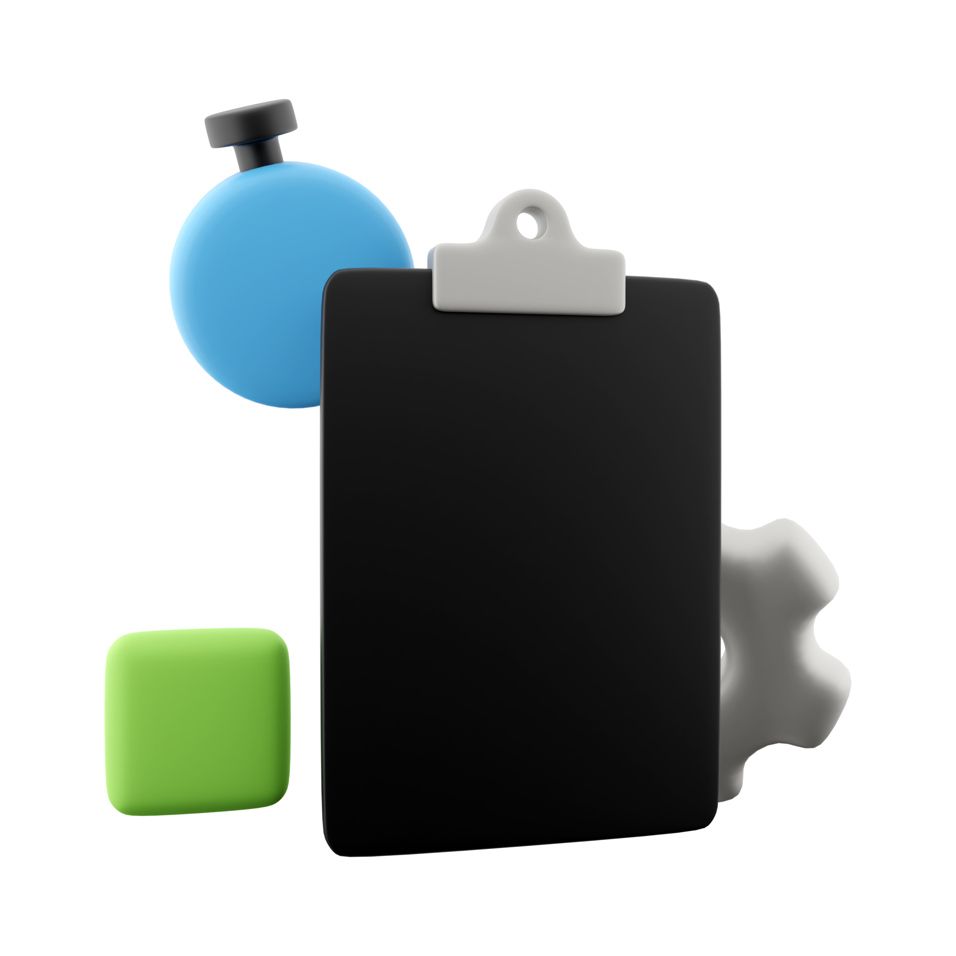 3d rendering clipboard with alarm clock and gear icon. 3d render timer