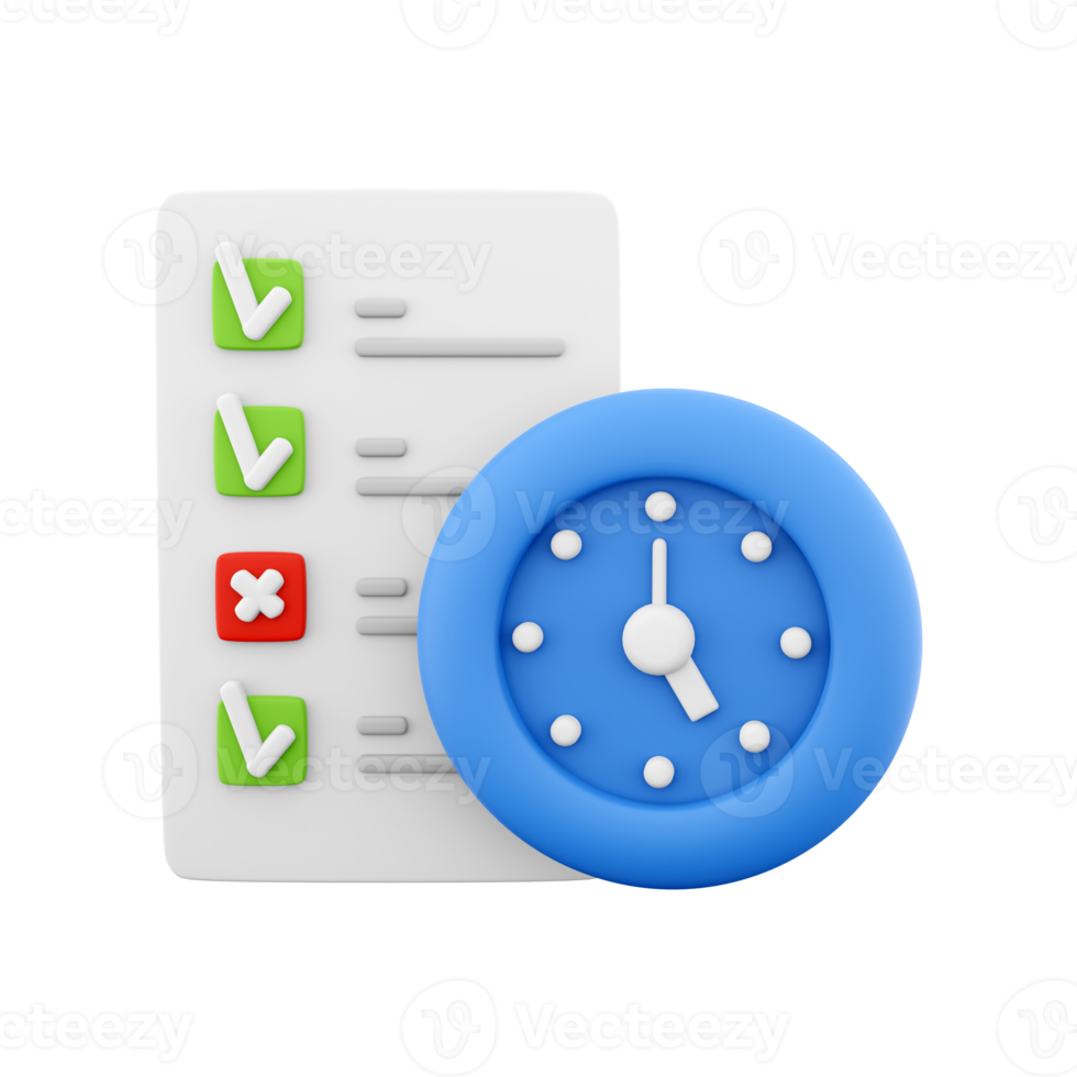 3d rendering timing concept with clock and check list on clipboard icon, 3d render clipboard with complete checklist icon. Timing concept with clock and check list on clipboard. png