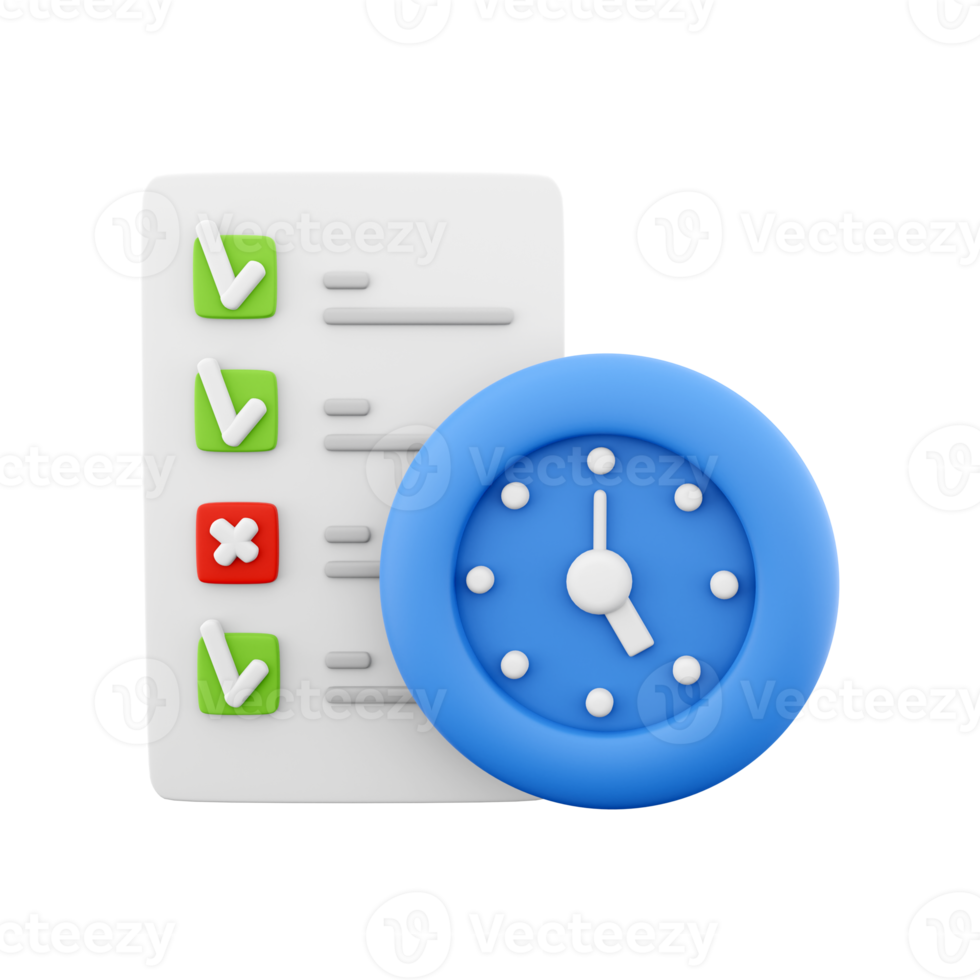 3d Rendern zeitliche Koordinierung Konzept mit Uhr und prüfen aufführen auf Zwischenablage Symbol, 3d machen Zwischenablage mit Komplett Checkliste Symbol. zeitliche Koordinierung Konzept mit Uhr und prüfen aufführen auf Zwischenablage. png
