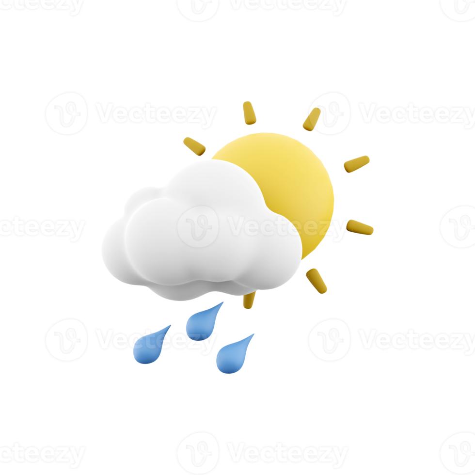 3d rendering rain with cloud and sun icon. 3d render weather sun with rain drops and cloud. Rain with cloud and sun. png