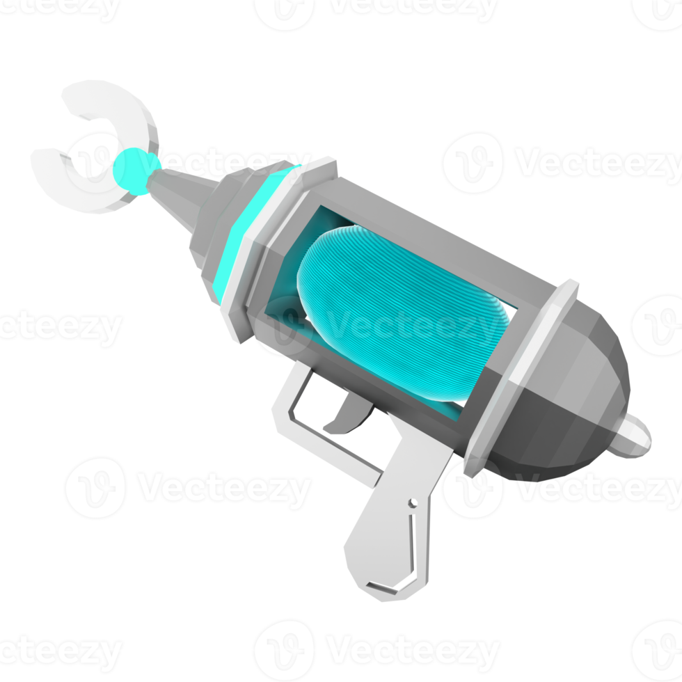 3d rendering space blaster, laser gun, futuristic alien weapon low poly icon. 3d render cartoon future arm, lazer and plasma gun icon. png