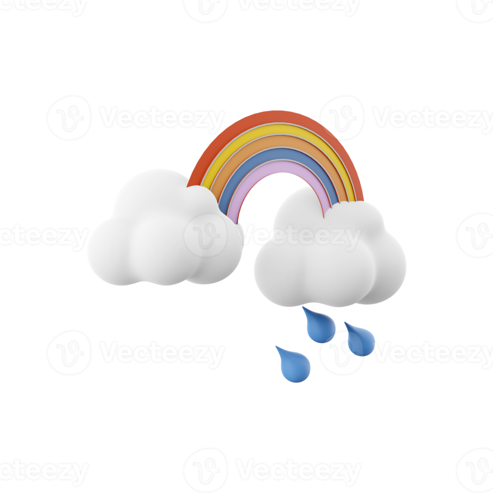 3d rendering rainbow with rain and clouds icon. 3d render rainy and cloudly weather with rainbow icon. Rainbow with rain and clouds. png