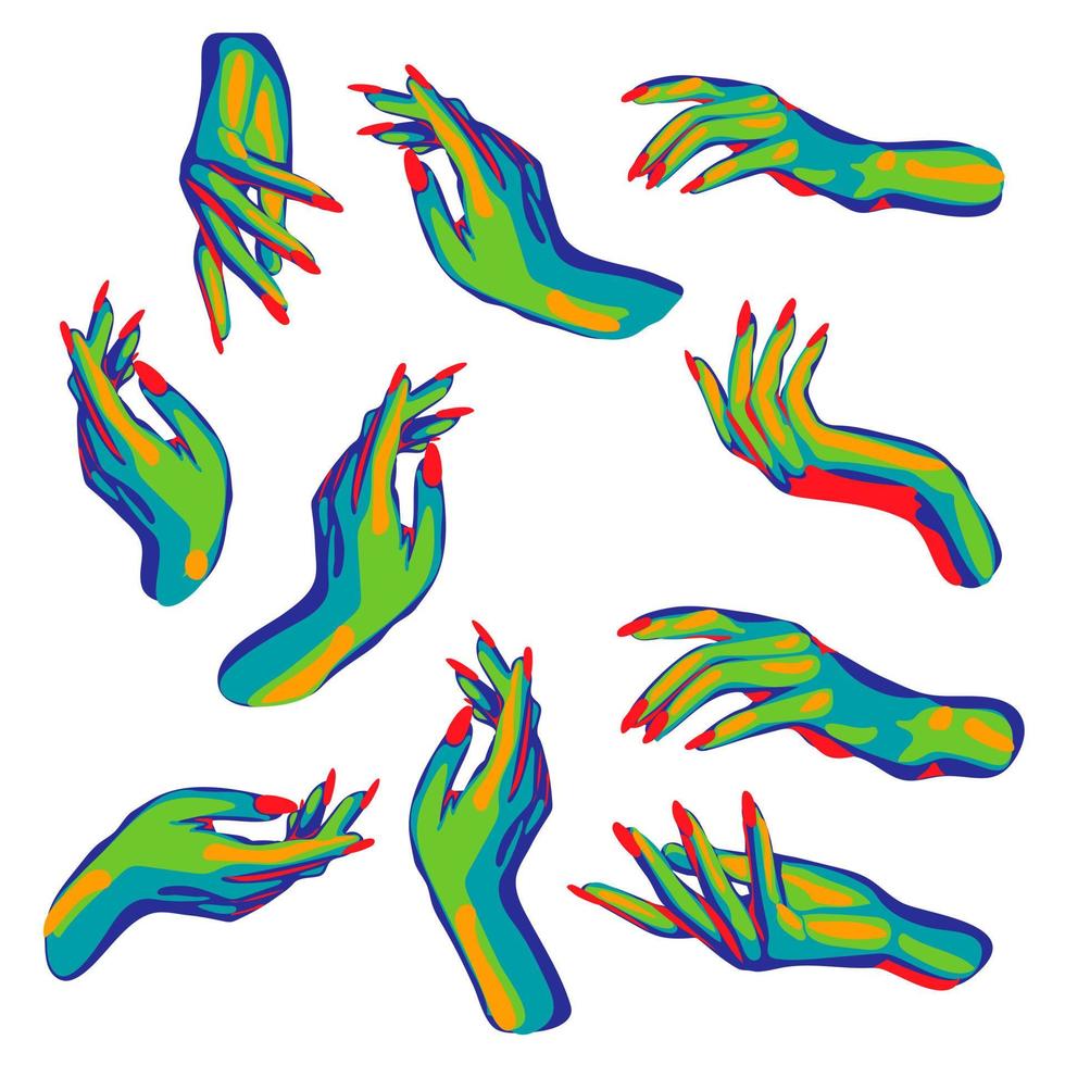 un conjunto de místico brillante bruja manos durante brujería. delgado, elegante manos en jugoso colores verde, amarillo, azul. manos arriba a el muñeca en diferente posa ideal para impresión en textiles vector