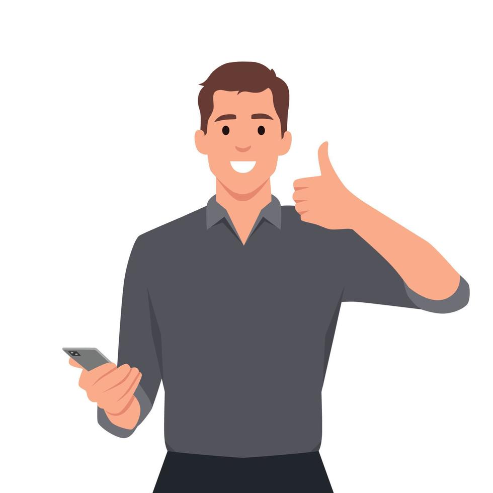 Happy young man showing smartphone and showing thumbs up or like sign. Mobile phone technology concept vector
