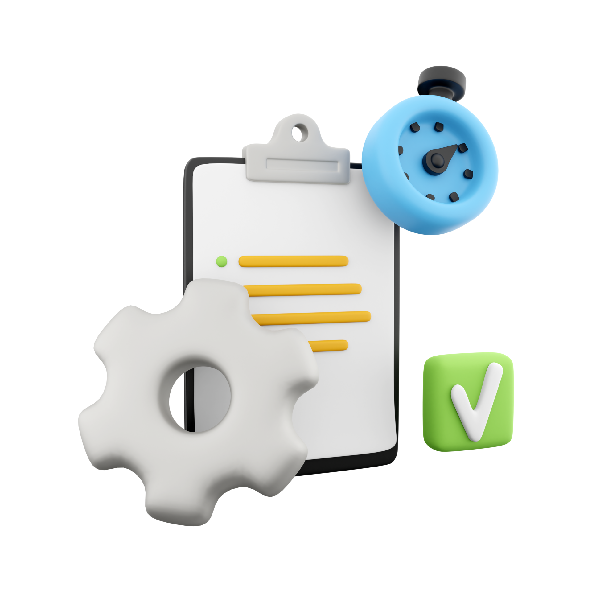 3d rendering clipboard with alarm clock and gear icon. 3d render timer