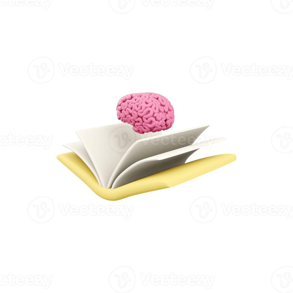 3d rendered brain in book. 3d renderbook in brain icon, 3d illustration, kids educational design, graphic design, books. png