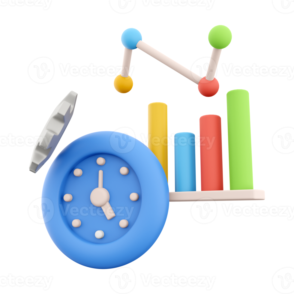 3d rendering alarm clock with gear growth bar graph icon. 3d render blue timer with growth bar graph icon.. Alarm clock with gear growth bar graph. png