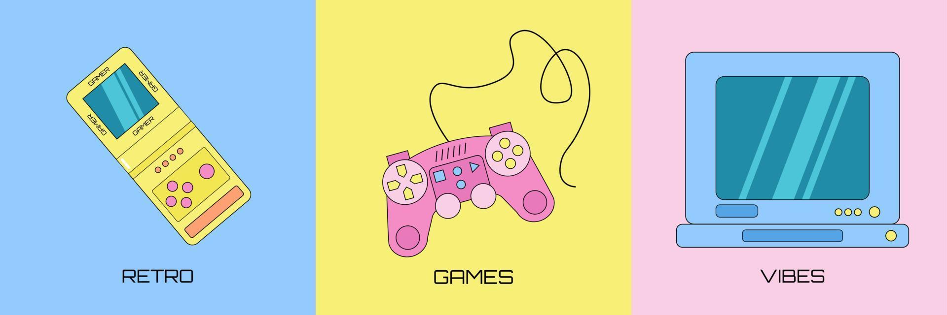 Set of three retro gaming elements, game console, gamepad and old fashioned computer monitor on a colorful background. vector