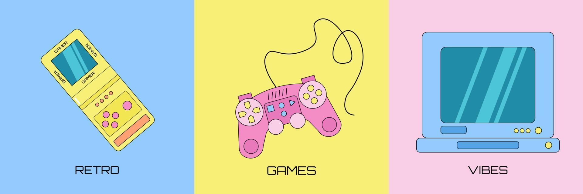 Set of three retro gaming elements, game console, gamepad and old fashioned computer monitor on a colorful background. vector