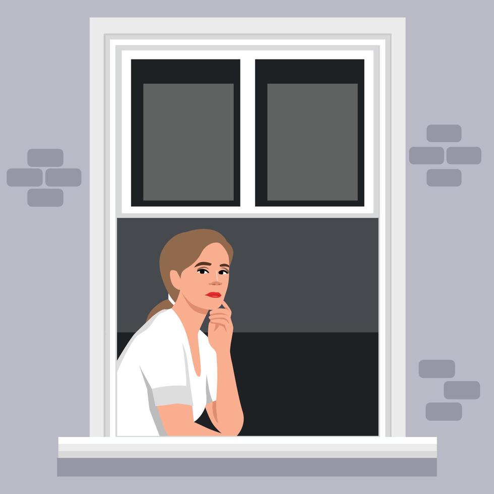 Female character looking outside window during coronavirus outbreak quarantine. Boredom and sadness at home. isolation of woman. Lady watching streets vector