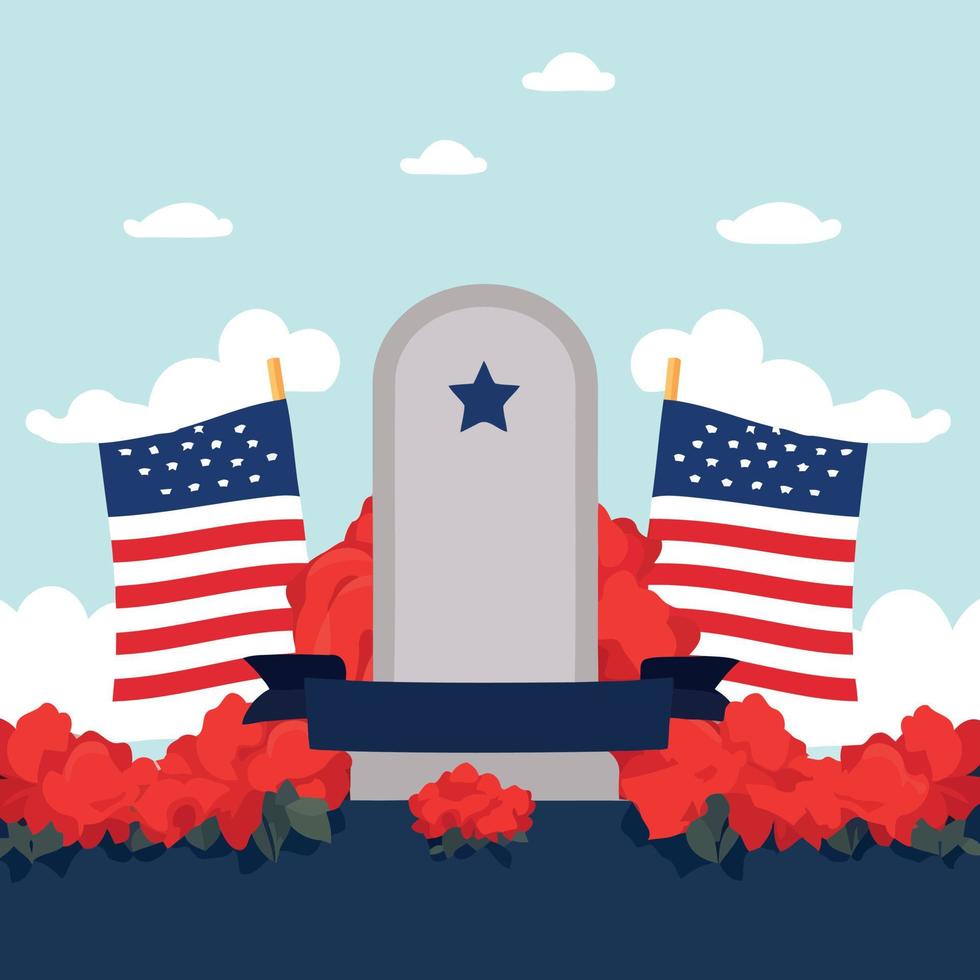 grave in cemetery with red flowers and flag of the united states vector