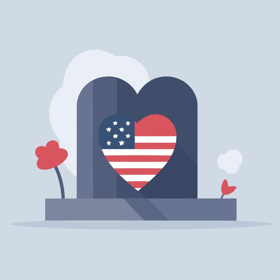 grave in cemetery with red flowers and flag of the united states vector