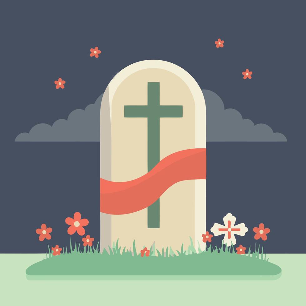 tumba en cementerio con rojo flores vector