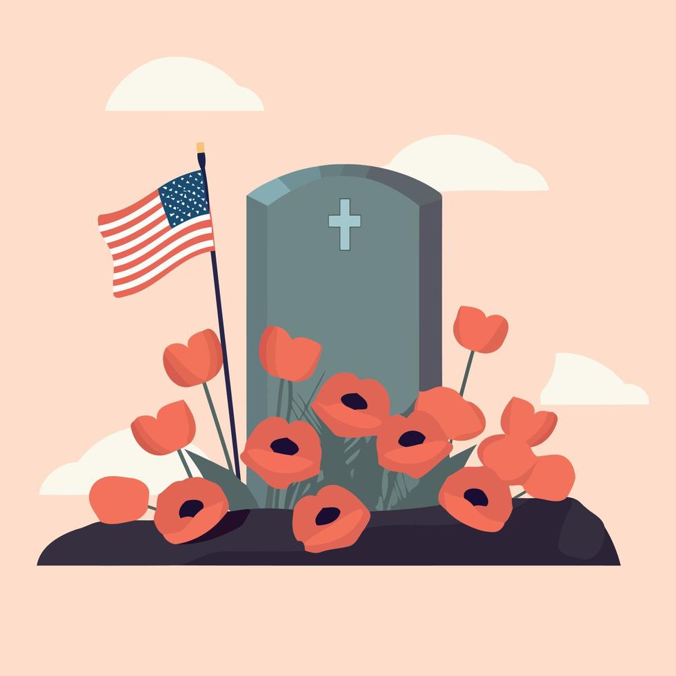 grave in cemetery with red flowers and flag of the united states vector