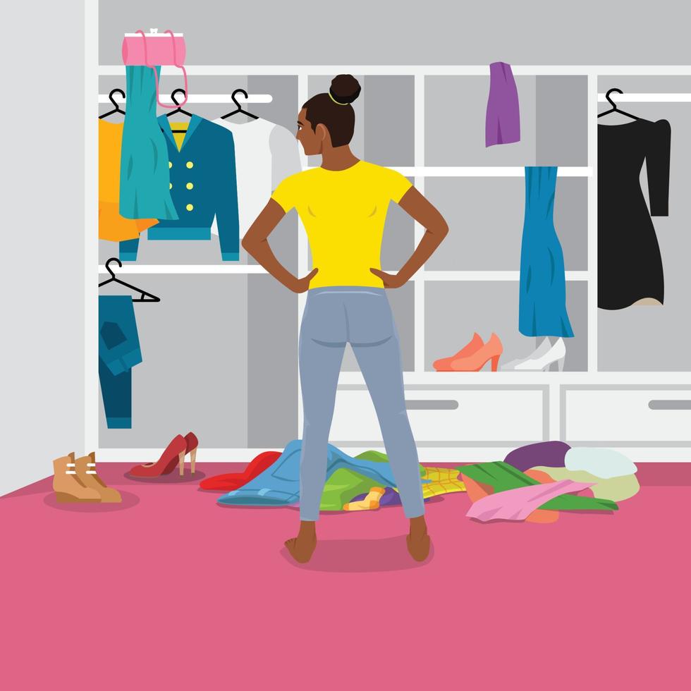 Woman in front of messy untidy wardrobe. Mess and chaos in open closet. Person looking inside cupboard with lot of cluttered, disordered and disorganized clothes storage vector