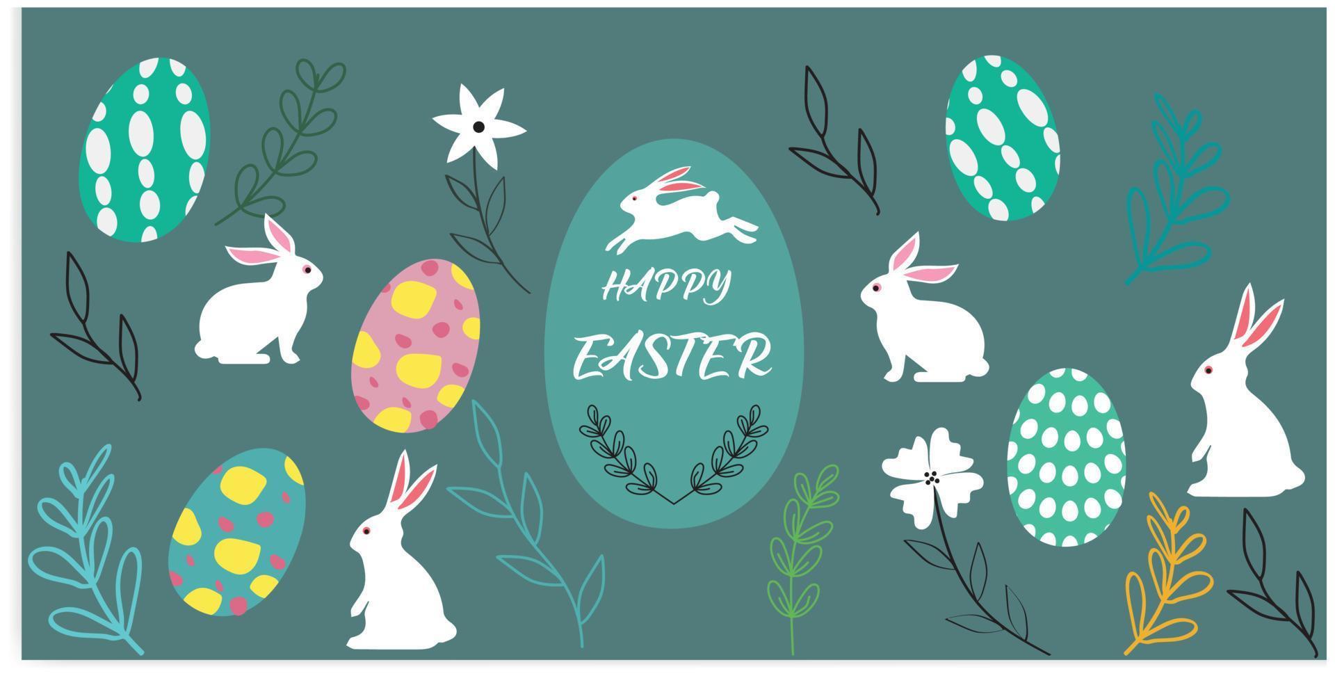 Vector Illustration of Happy Easter Holiday with Painted Egg, Rabbit Ears and Flower on Shiny Blue Background. International Celebration Design with Typography for Greeting Card, Party Invitation or