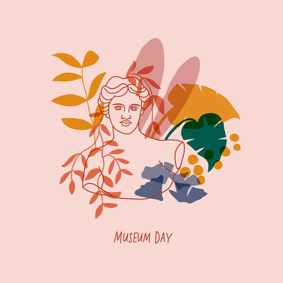 Statue of Renaissance woman with flowers. Minimalistic illustration. Pink background. Museum day postcard, banner. Museum illustration. Vector illustration