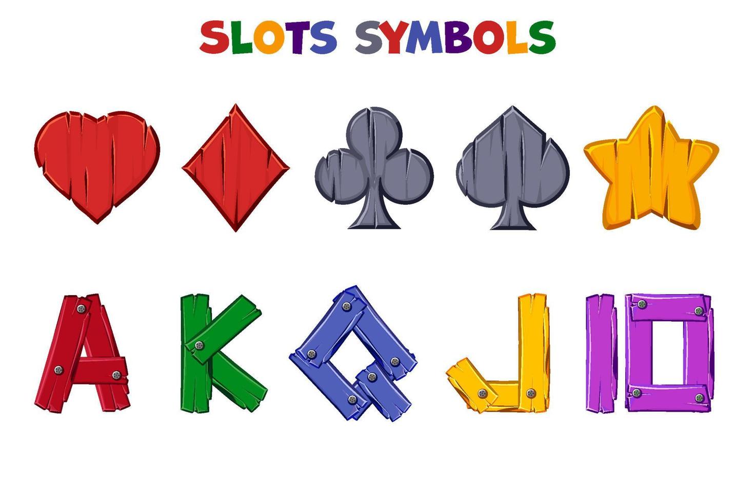 Set of isolated colored wooden slots symbols, Vector casino icons