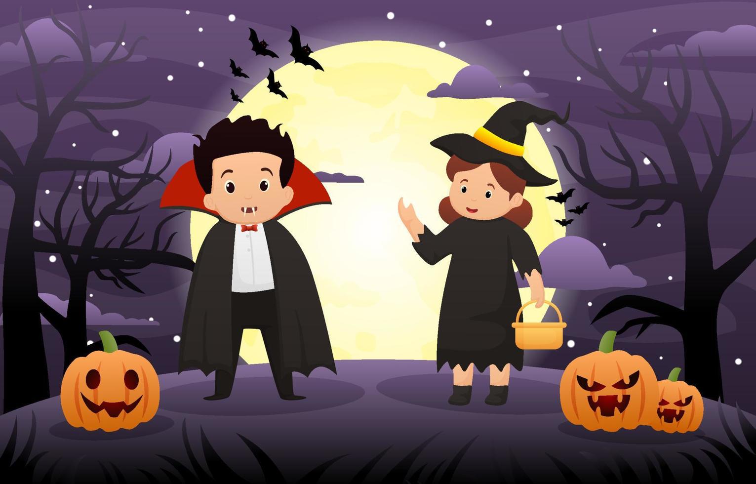 Happy Halloween background design vector with kids in Halloween vampire and witch costumes.