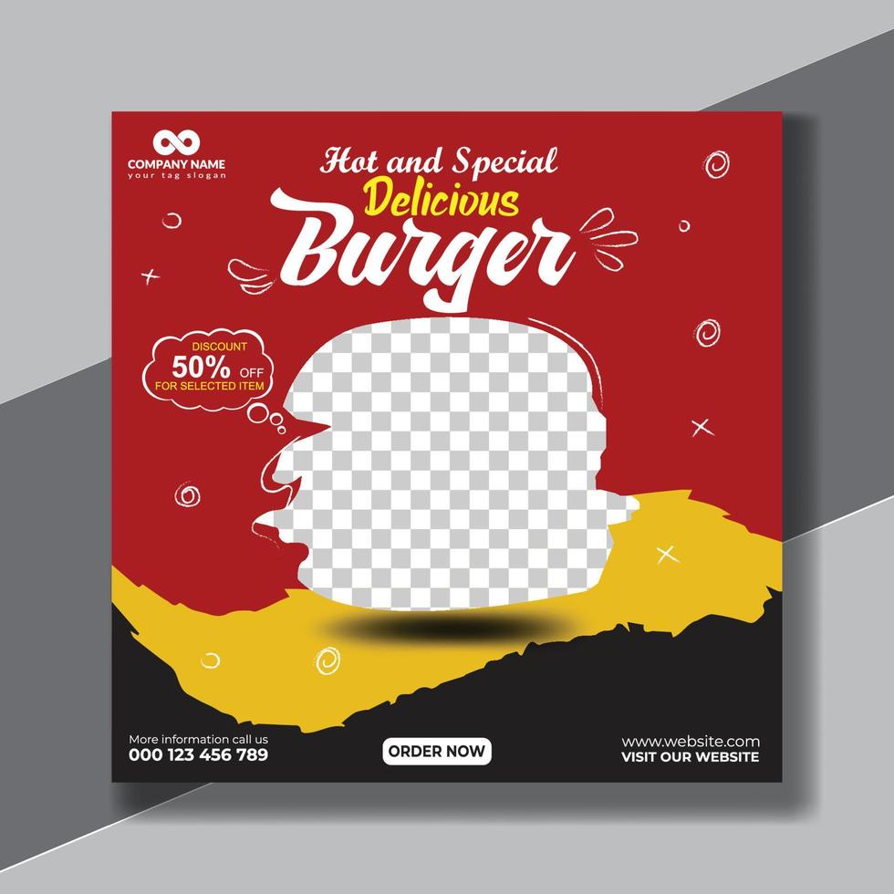 Food social media banner design template Burger social media post vector illustration Square size.