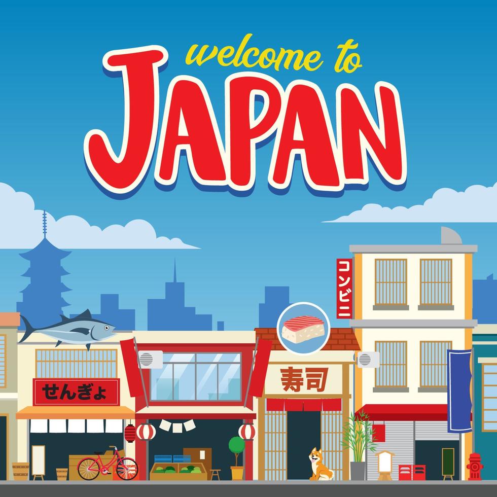 greeting welcome to japan with traditional shopping street in flat style vector