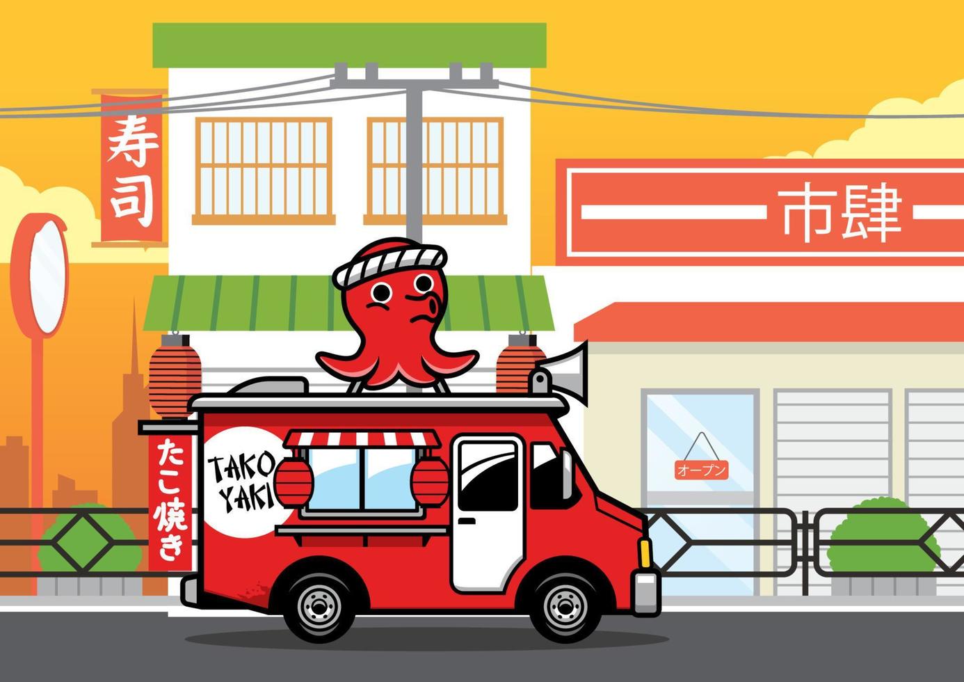 food truck selling japanese takoyaki snack on the street vector