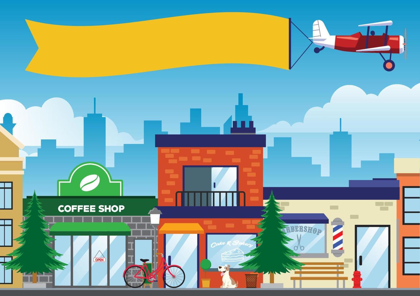 street and shop in the city in flat vector style