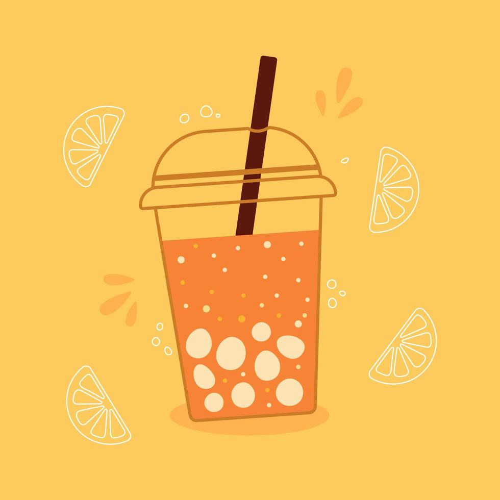 Bubble tea orange lemonade on cup with lid and straw vector
