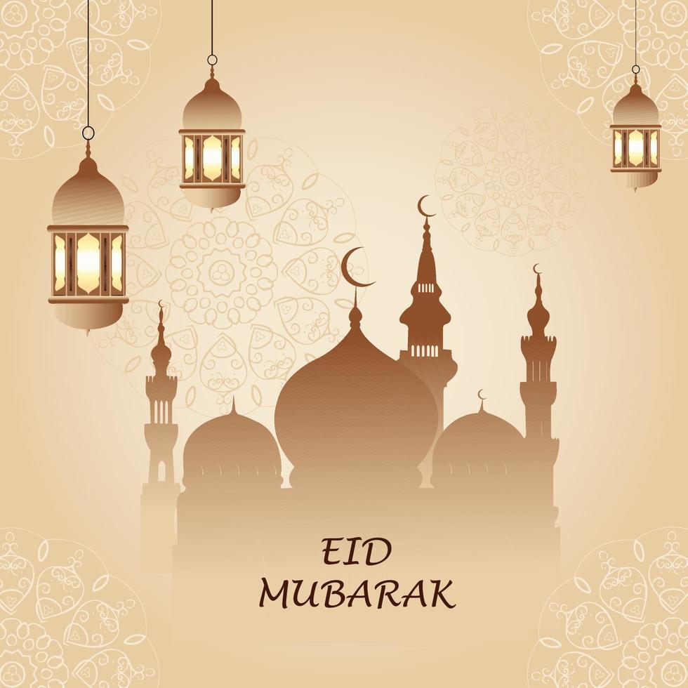 estilo moderno eid Mubarak saludo tarjetas con social medios de comunicación diseño, eid Mubarak icono vector, luna, mezquita vector