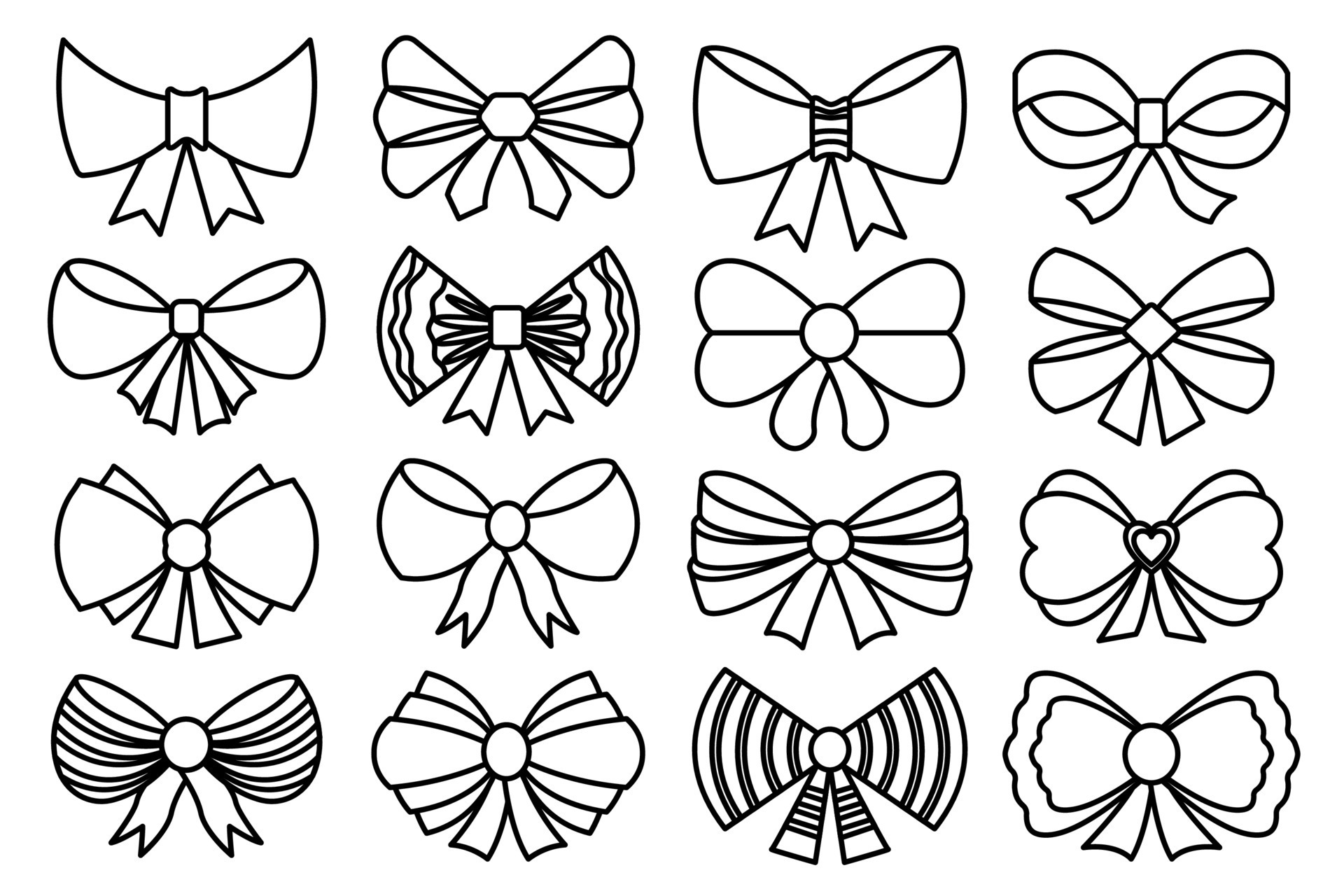 Bow and ribbon icon set in black and white colors. Abstract decorative