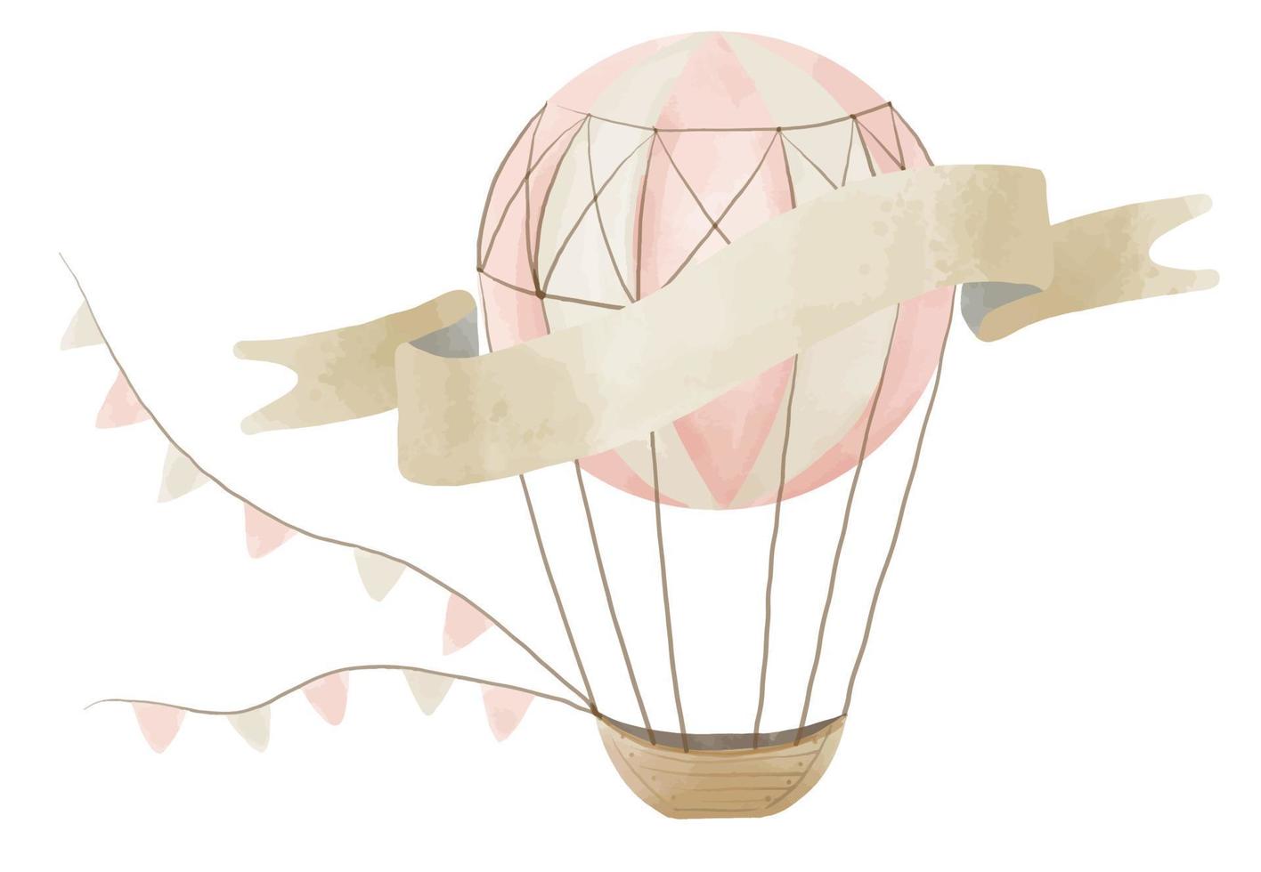Watercolor pink hot Air Balloon with basket and pennants. Hand drawn illustration for Kid design in pastel colors on isolated background. Vintage Aircraft for Baby Shower greeting cards vector