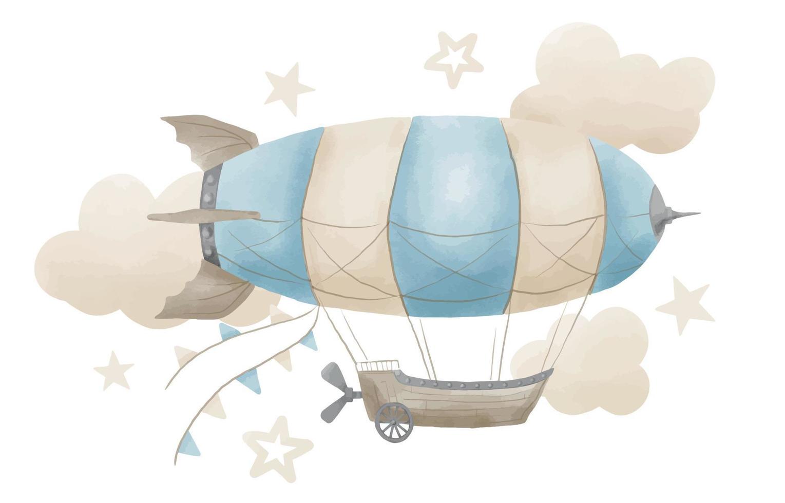 Vintage Airship with garlands and clouds in pastel blue and beige colors on isolated background. Hand drawn watercolor illustration for Baby shower greeting cards. Retro Aerostat in steampunk style vector