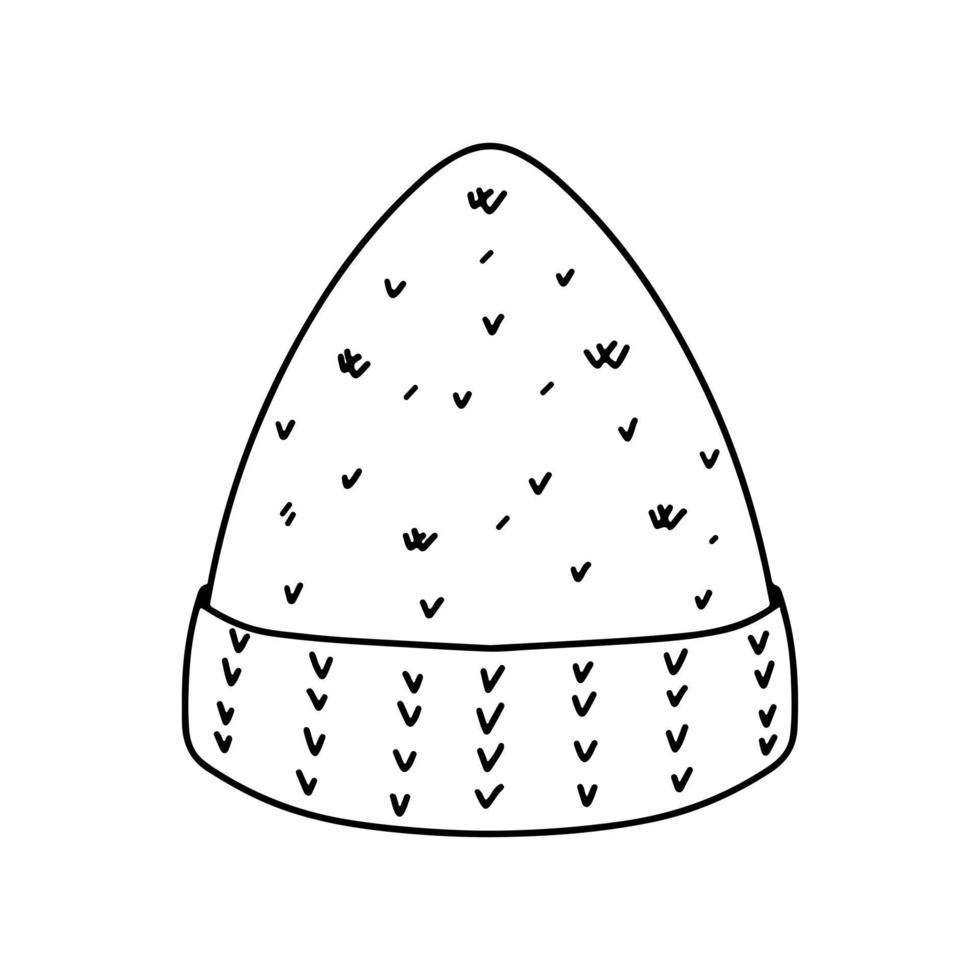 Knitted hat in hand drawn doodle style. Vector illustration isolated on white. Coloring page.