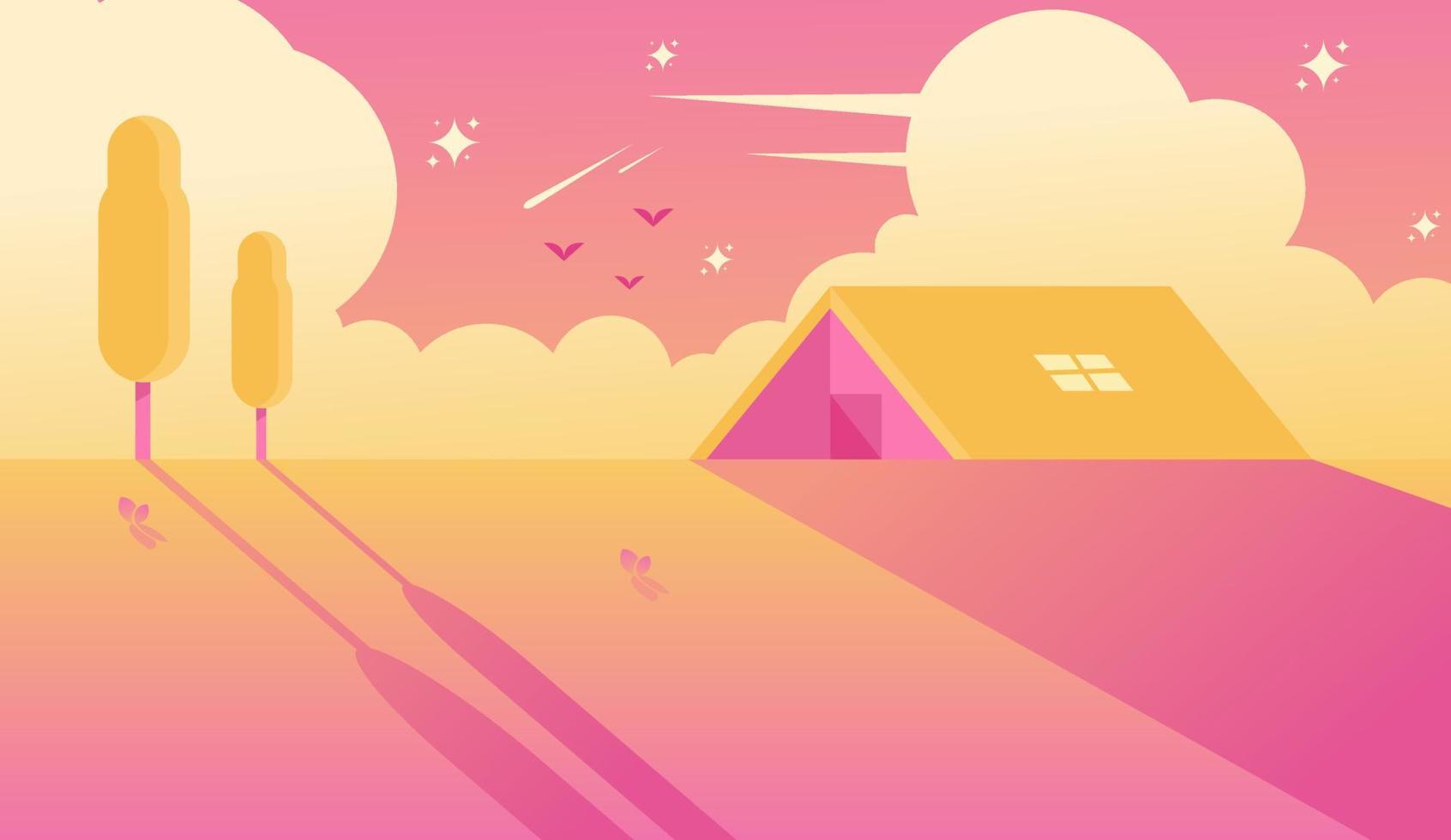 vector landscape background with a pink sky with several stars. and illustrations of camping, outdoor activities