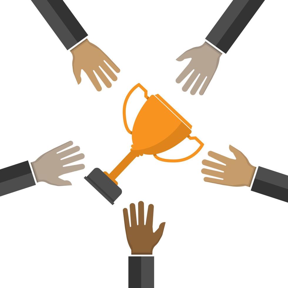 Vector flat style of five business hands raise gold trophy winner award, the best championship prize or leadership of success business challenge, target and goal concept, editable element and shape