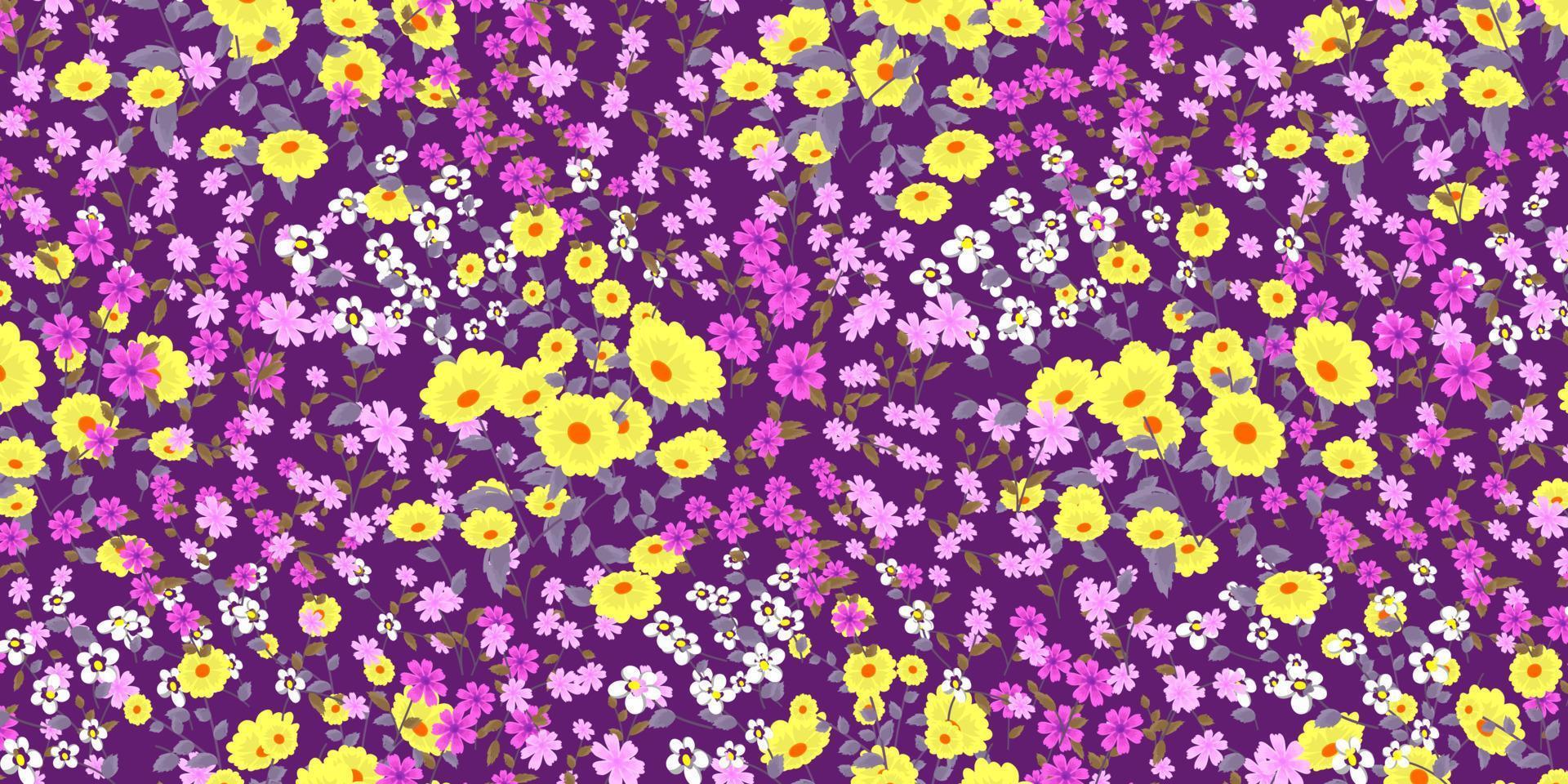 Abstract flower seamless pattern. colorful flower arrangement bustling on purple background. Find fill pattern on swatches vector
