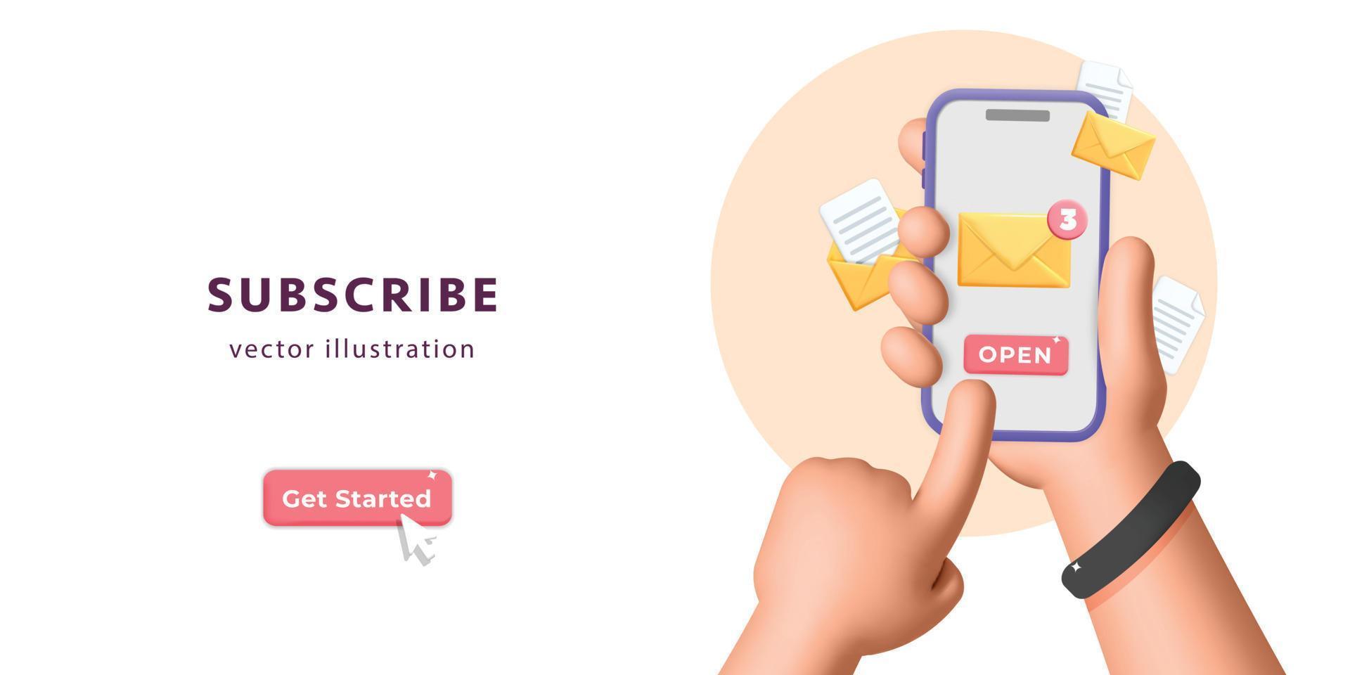 3d vector subscribe banner template with hand holding  smartphone with new incoming email design