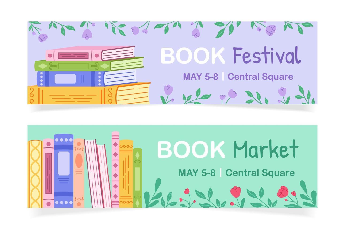 Set of templates for advertising book event. Horizontal background with flowers and books for advertising the book festival, fair, sale. vector