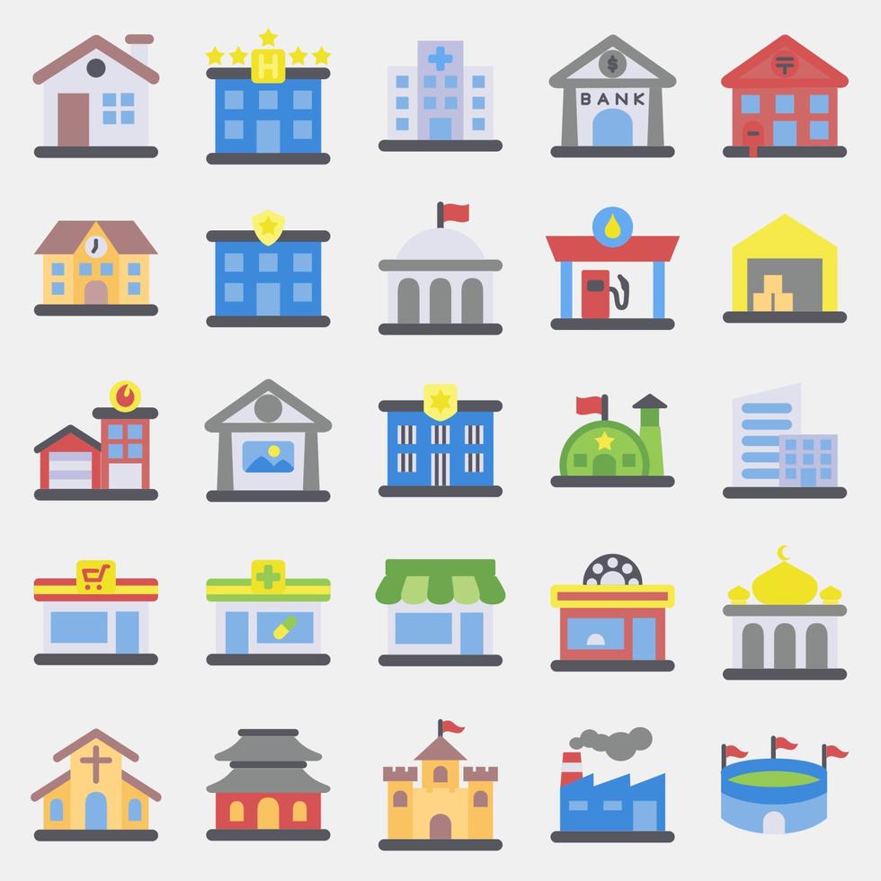 icono conjunto de edificio. edificio elementos. íconos en plano estilo. bueno para huellas dactilares, web, carteles, logo, sitio plan, mapa, infografía, etc. vector