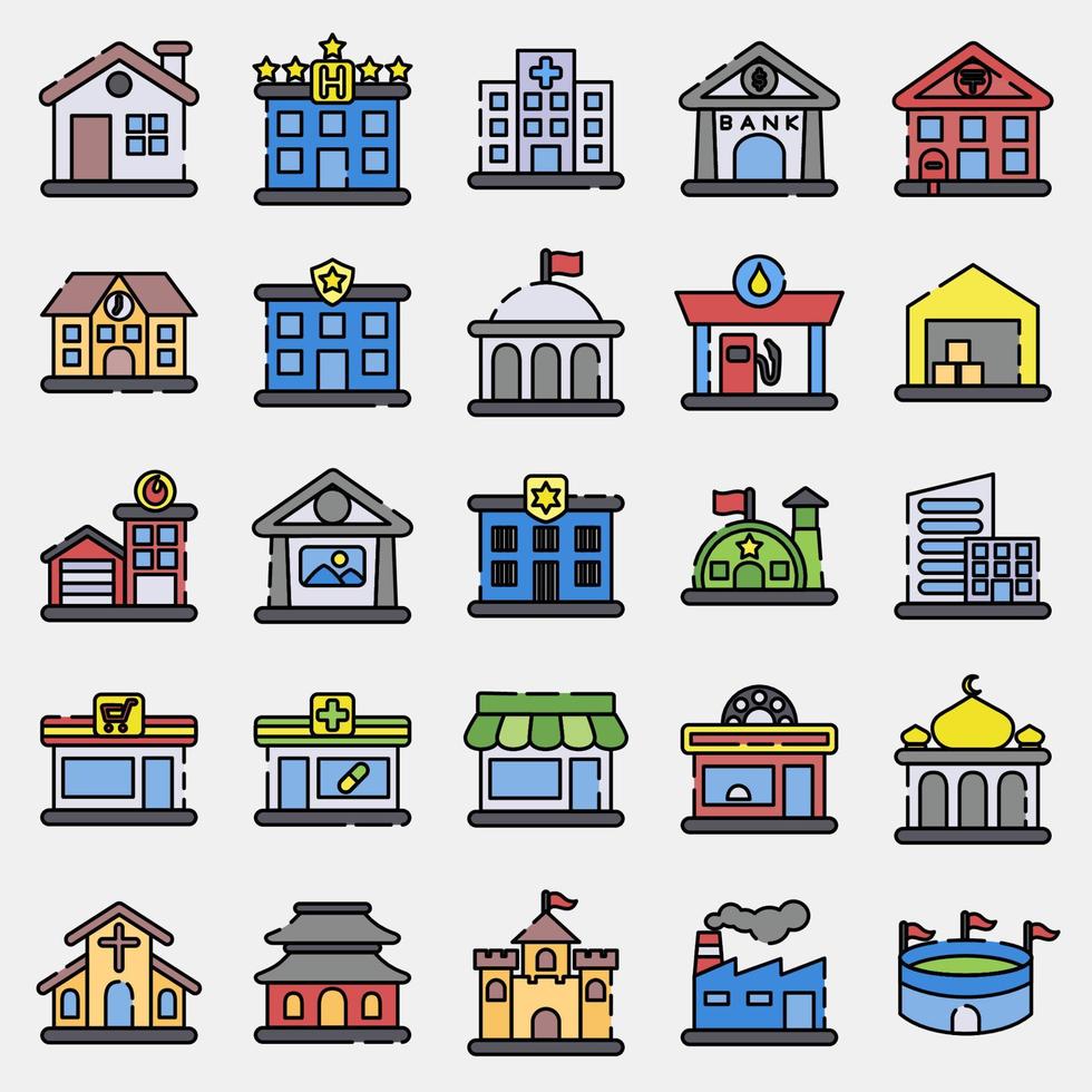 Icon set of building. Building elements. Icons in filled line style. Good for prints, web, posters, logo, site plan, map, infographics, etc. vector