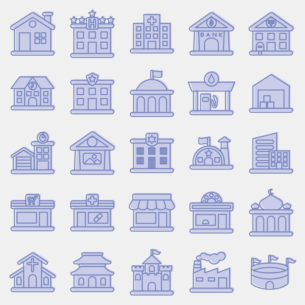 Icon set of building. Building elements. Icons in two tone style. Good for prints, web, posters, logo, site plan, map, infographics, etc. vector
