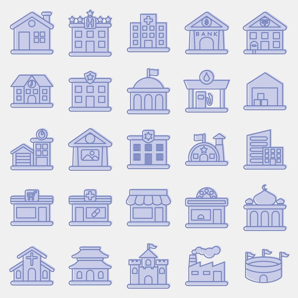 icono conjunto de edificio. edificio elementos. íconos en dos tono estilo. bueno para huellas dactilares, web, carteles, logo, sitio plan, mapa, infografía, etc. vector