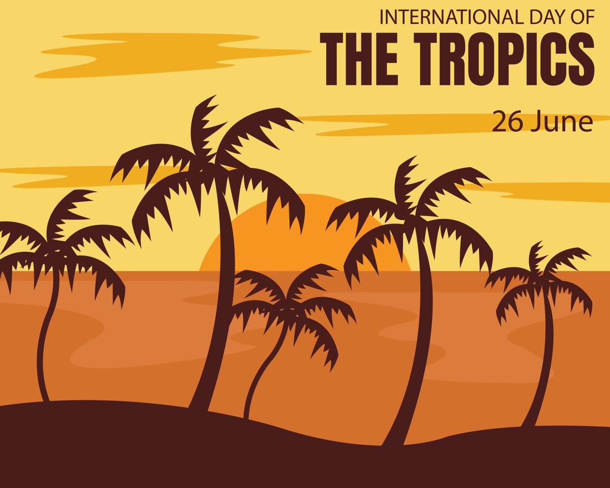 illustration vector graphic of silhouette of coconut trees on the beach, showing the sunset, perfect for international day, international day of tropics, celebrate, greeting card, etc.