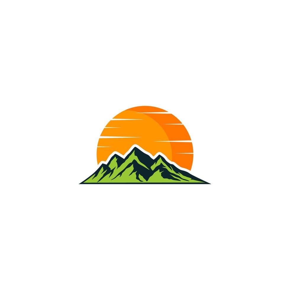 mountain logo with sun and clouds above it vector