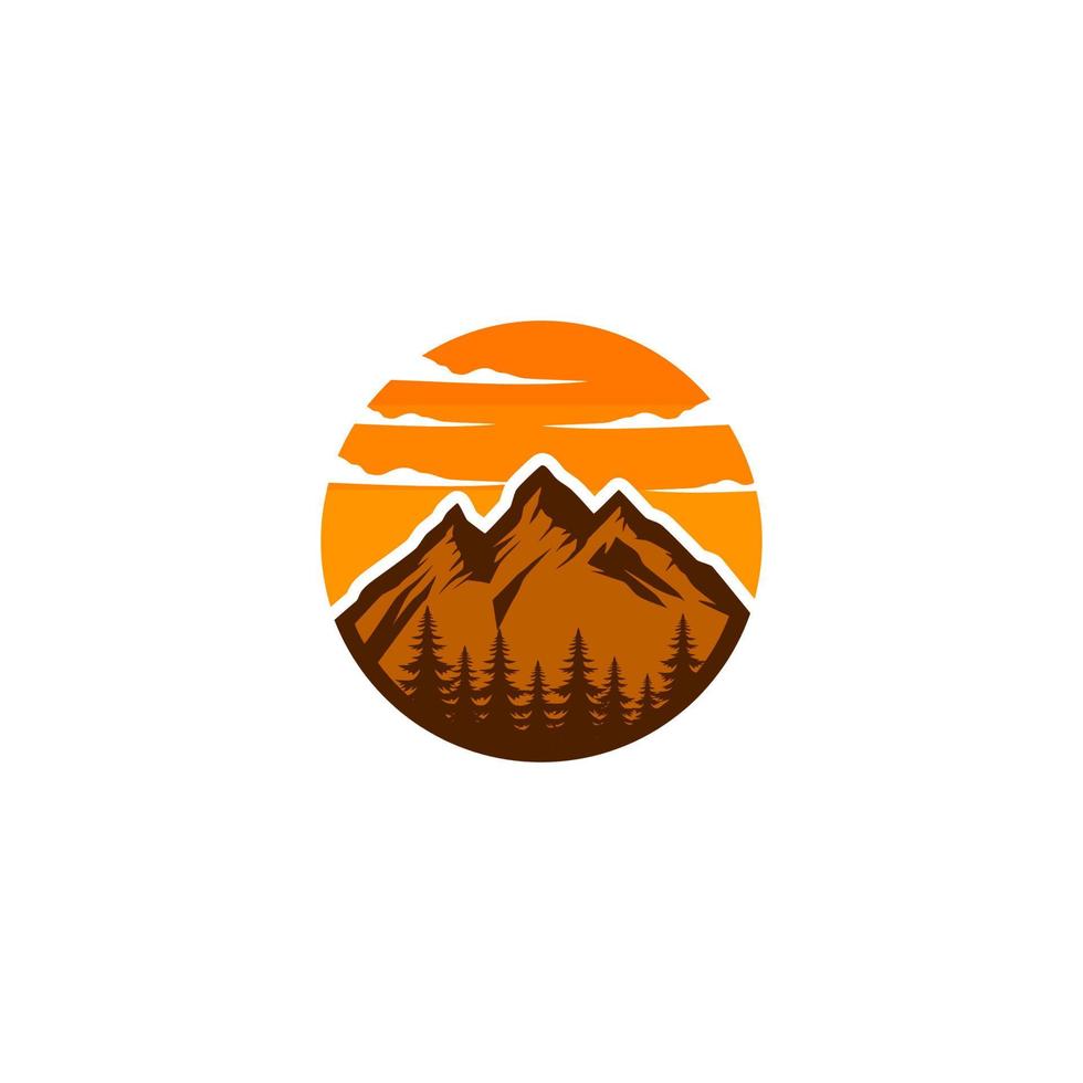 mountain logo with sun and clouds above it vector