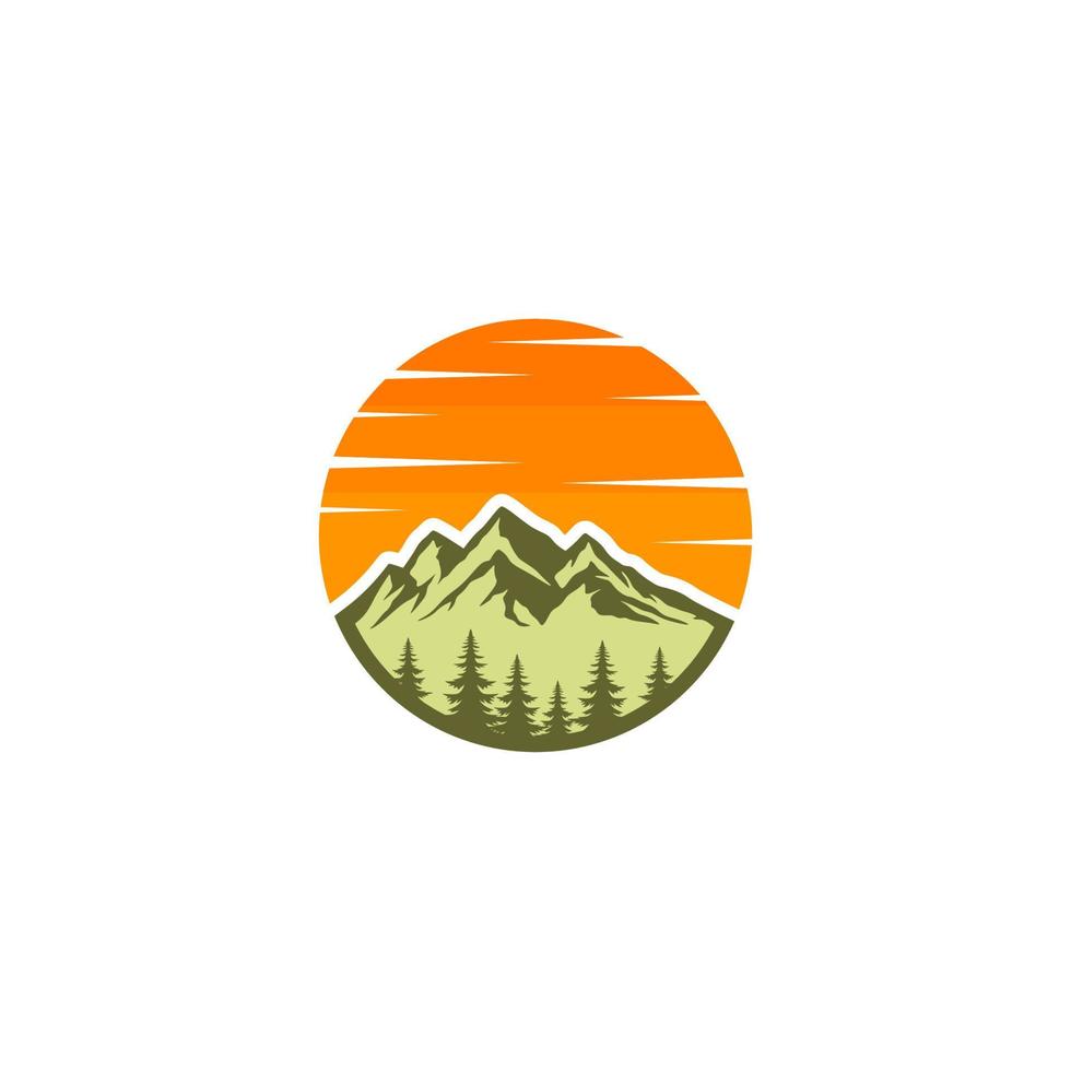 mountain logo with sun and clouds above it vector