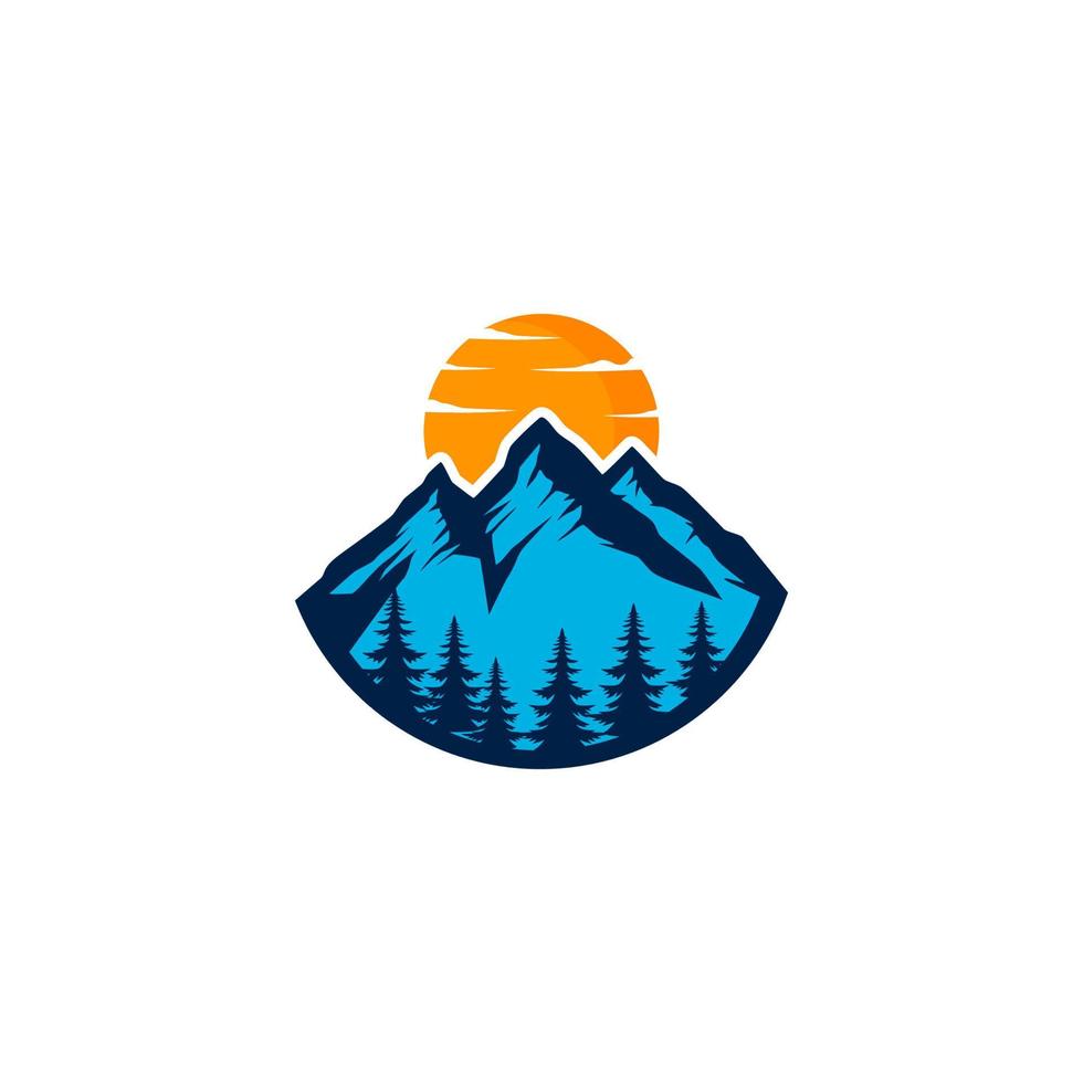 mountain logo with sun and clouds above it vector