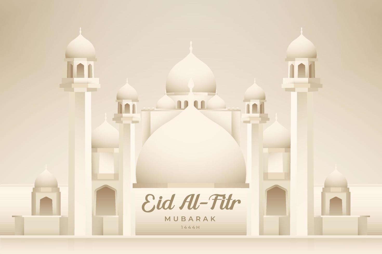 Happy eid al fitr mubarak greeting banner with cream gradient grand mosque illustration. Idul Fitri greeting design vector